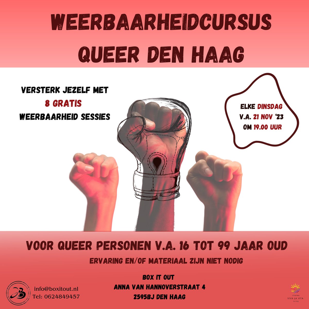 Over een kleine 2 weken wordt er een weerbaarheidscursus georganiseerd voor de LHBTQIAP+ gemeenschap! Is dit iets voor jou? Meld je aan via de gegevens links onderin of kom langs.