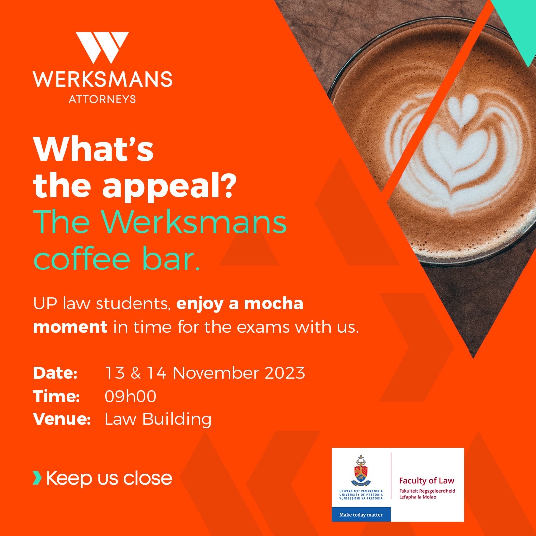 #UPLawStudents: <a href="/WerksmansGrads/">Werksmans Graduates</a> will be providing coffee to students in the 13th and 14th of November. 

Come and join us for a refreshing cup of coffee during your study break.