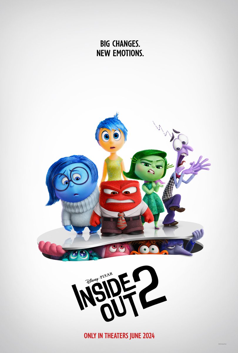 kaymaldo's tweet photo. Big changes, new emotions. The poster for #InsideOut2 gives us a look at four new emotions coming in the new @Pixar film, while the teaser introduces us to Anxiety, voiced by Maya Hawke. https://t.co/zhiej9eRPg