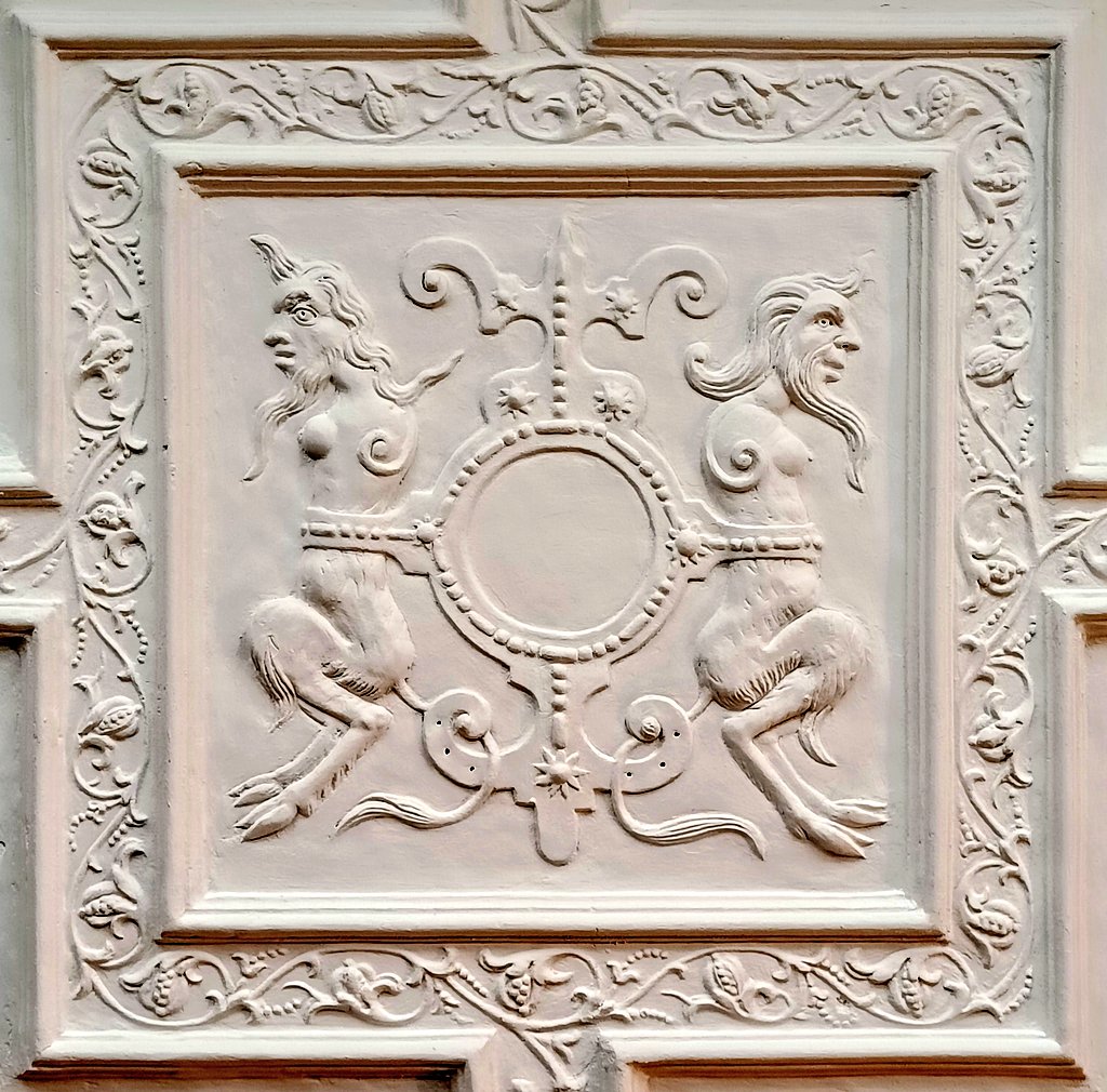 Today in #DetailsOfAstonHall, a closeup to one of the panels of the 17th century ceiling plasterwork of the Withdrawing Room, showing two bearded and breasted fauns.