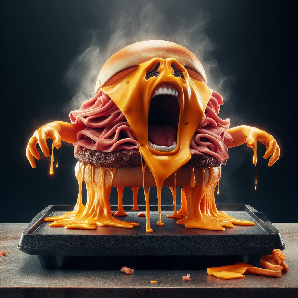 Grief and cheddar.
🧀🥩😭😭😭
#MidjourneyAI #ArtificialIntelligence #aigeneratedimages #Arbys #fastfoodisgross #funnyimages #aigenerated