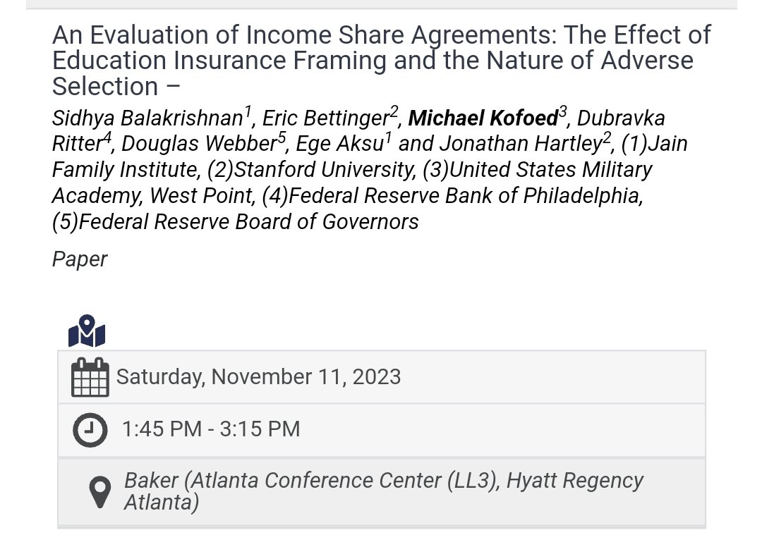 mikekofoed's tweet image. Excited to be driving down to the Peach State for #APPAM2023 in Atlanta!

Ever wonder why you can buy insurance for your:

-house
-health
-car
-Nintendo Switch

but not your college degree. 

Come check out my new RCT on income share agreements with a large, non profit college.