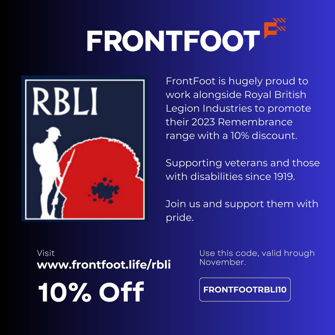 FrontFoot is hugely proud to work alongside Royal British Legion Industries to promote their 2023 Remembrance range with a 10% discount (Use code FRONTFOOTRBLI10). Supporting veterans and those with disabilities since 1919 - Join us and support them with pride. #supportveterans