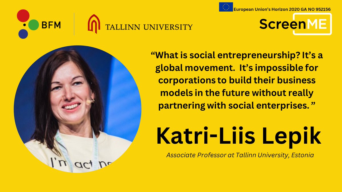 🚨 New ScreenME podcast episode 🚨 This time <a href="/ulrike_rohn/">Ulrike Rohn</a> from @TallinnUni <a href="/MEDIT_BFM/">MEDIT</a> had a chat w/ Katri-Liis Lepik @TallinnUni who leads the English-language MA program #Social #Entrepreneurship. Q: What is social entrepreneurship? Listen in : open.spotify.com/episode/2BHwp6…