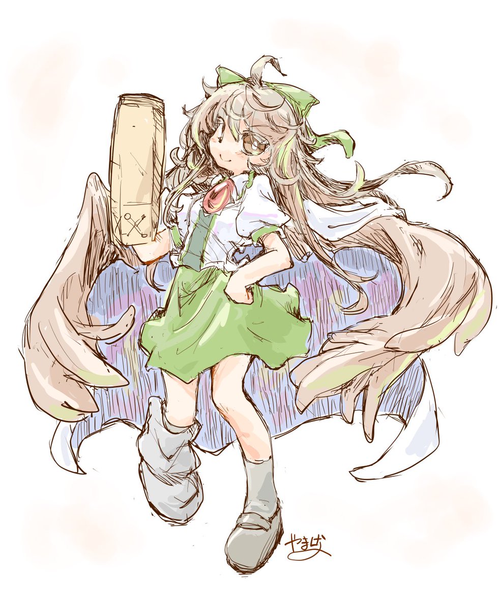reiuji utsuho 1girl solo skirt long hair green skirt green bow weapon  illustration images