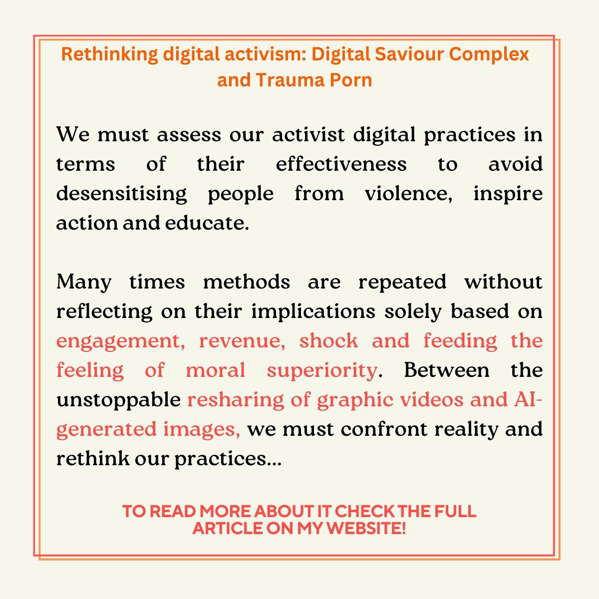 Check my new article where I discuss how we can avoid problematic practices in #digitalactivism such as the oversharing of graphic images and videos that end up desensitising the broader public to the problem

emmanuelleonbobadilla.wordpress.com/2023/11/09/ret…

#Gaza #PalestineGenocide