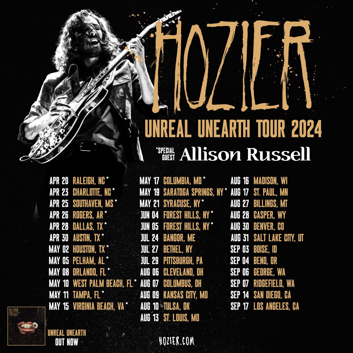 Hozier's tweet image. After the sweetest run of US shows, I’m delighted to announce these brand new #UnrealUnearth tour dates for next year 🖤

Tour tickets go on sale on November 17th, I can’t wait to be back and I hope to see you there. 

🎟️ hozier.com/live