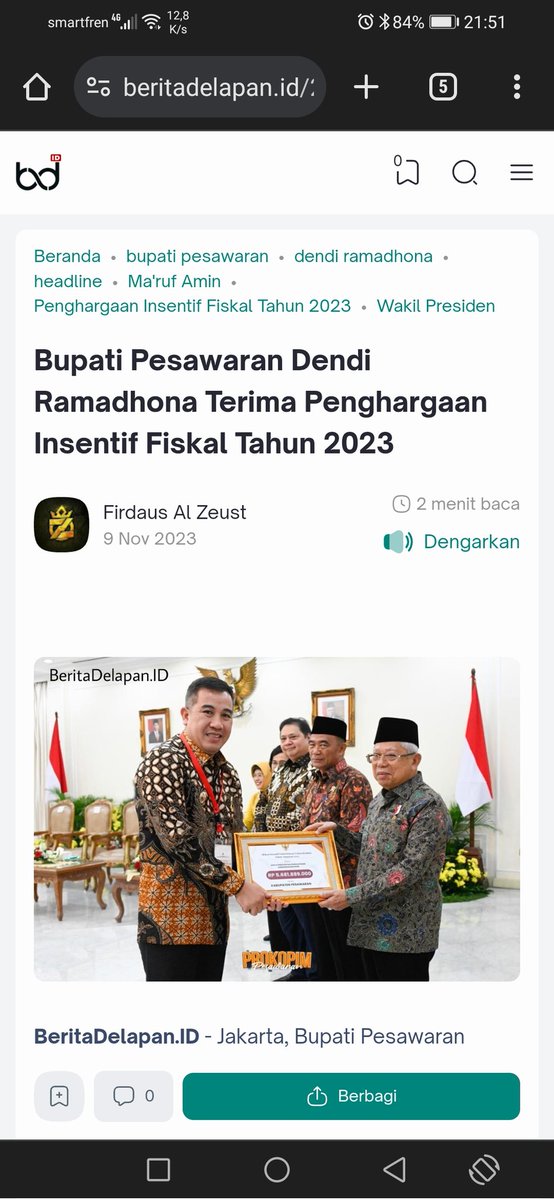 Bupati Pesawaran Dendi Ramadhona mnerima Penghargaan Insentif Fiskal Kategori Kemiskinan Ekstrem Th 2023 pd Rapat Koordinasi Nasional &amp; Penyerahan Insentif Fiskal Kategori Kinerja Penghapusan Kemiskinan Ekstrem Tahun Berjalan 2023 di Istana Wakil Presiden

beritadelapan.id/2023/11/bupati…