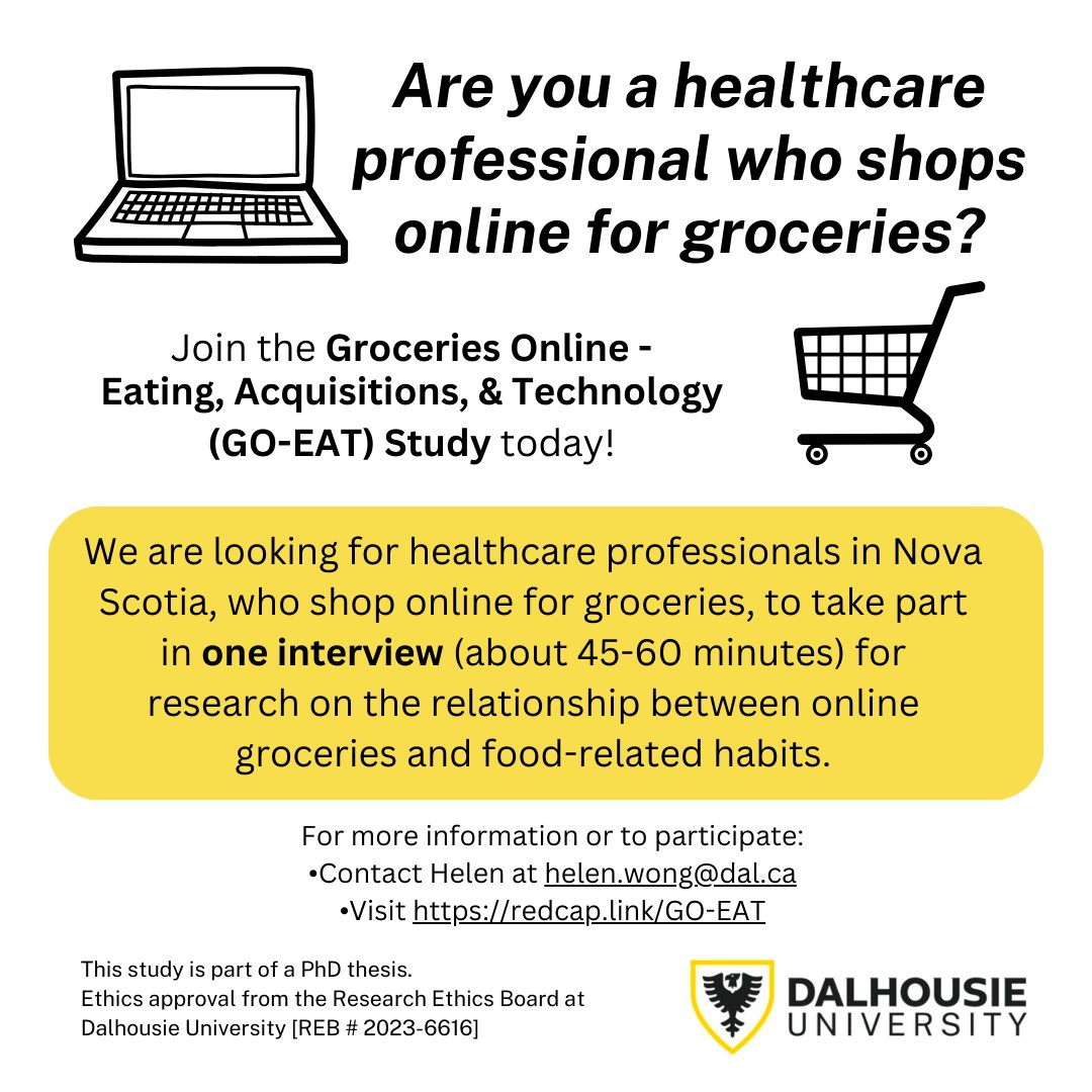 Thank you to everyone who has participated or signed up for the GO-EAT Study. Still looking to interview a few healthcare professionals in Nova Scotia who shop online for groceries for my PhD research. For study info: redcap.link/GO-EAT 🙏Please share with your network.