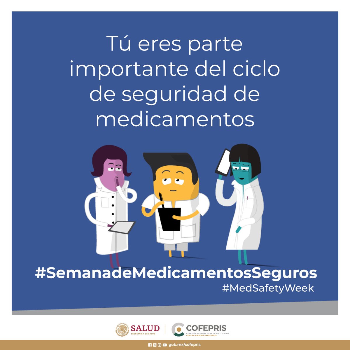 SDurangoMX's tweet photo. Los profesionales de la salud son clave en el ciclo de seguridad de los medicamentos 💊💉
Deben mantenerse informados para proporcionar el mejor asesoramiento posible, contribuye a la #Farmacovigilancia
#MedSafetyWeek #SemanadeMedicamentosSeguros https://t.co/8nYAugU576