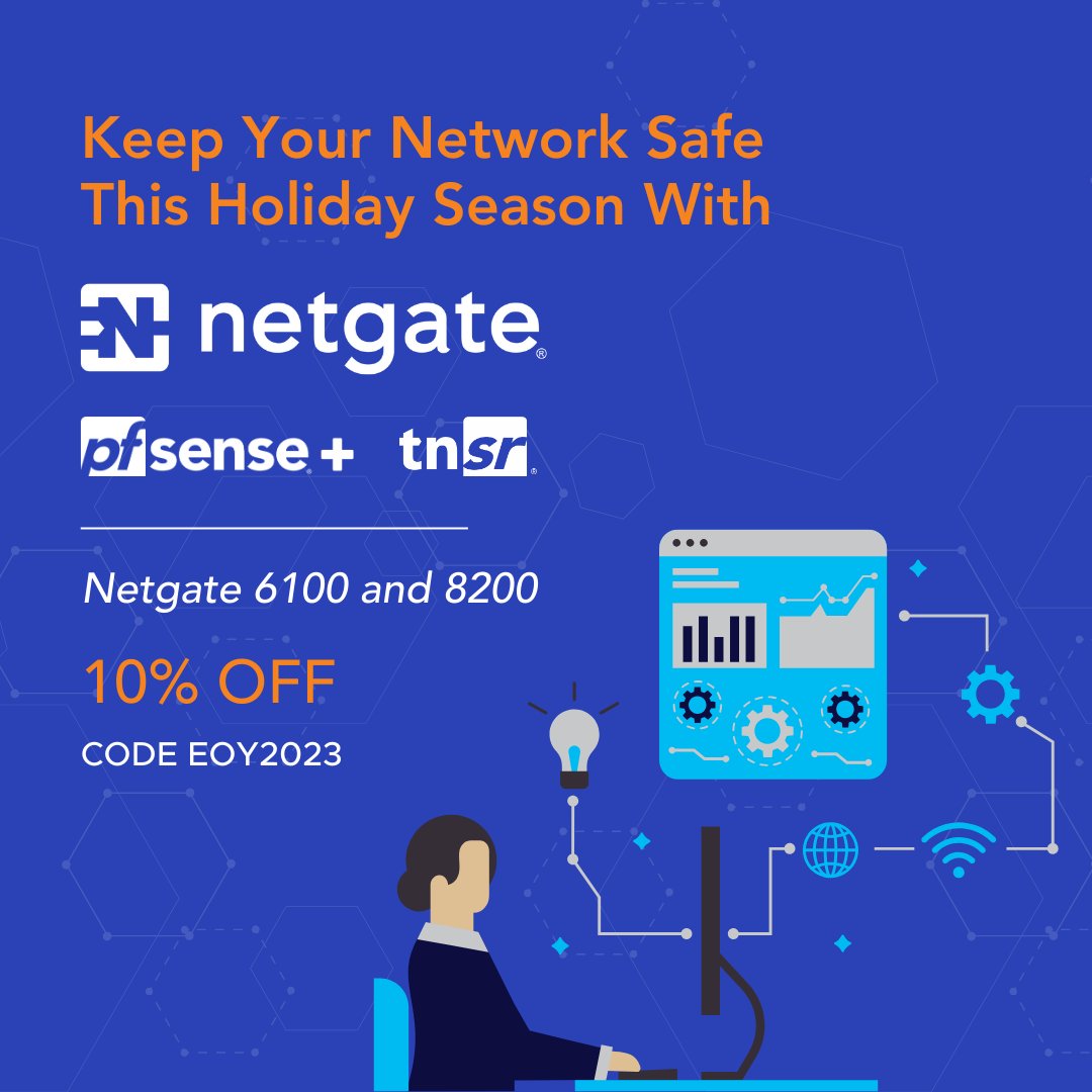 NetgateUSA's tweet image. This holiday, protect your network with #Netgate! 🎁 Save 10% on Netgate #6100 &amp;amp; #8200 #SecurityGateways using code #EOY2023. Stay secure! 💻

Shop 👉 hubs.ly/Q027WY5m0*