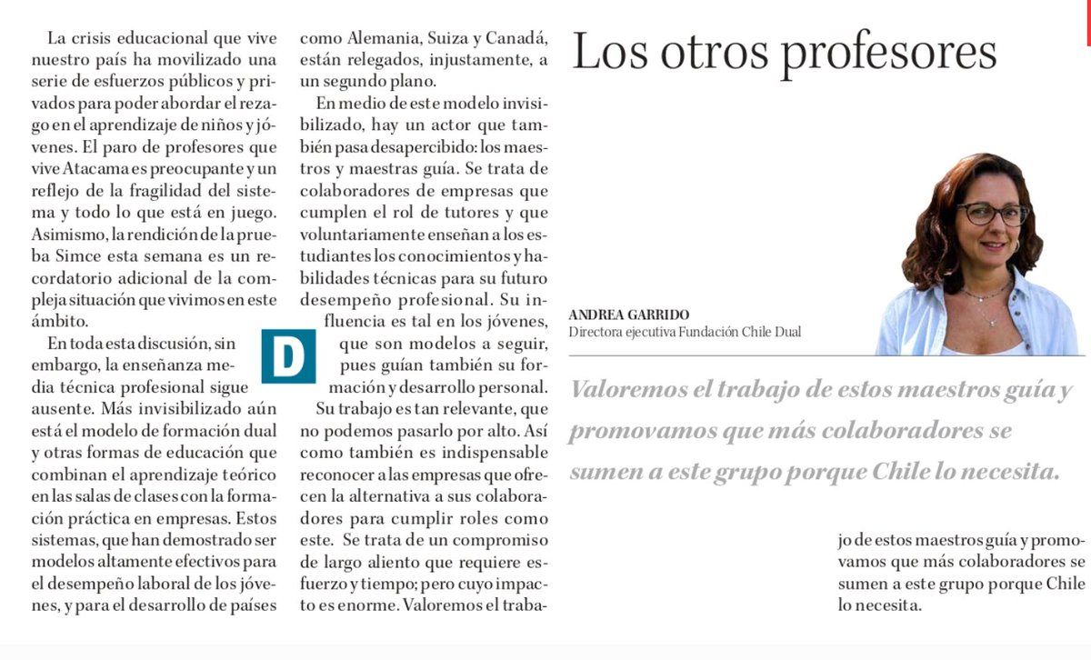 Fundación Chile Dual (@chiledual) on Twitter photo Hoy en <a href="/DiarioConce/">Diario Concepción</a> publicaron la carta de <a href="/aagarridop/">andrea garrido</a> donde relevamos el rol del maestro guía como tutor y su trabajo abriendo perspectivas en los jóvenes Hoy en <a href="/DiarioConce/">Diario Concepción</a> publicaron la carta de <a href="/aagarridop/">andrea garrido</a> donde relevamos el rol del maestro guía como tutor y su trabajo abriendo perspectivas en los jóvenes