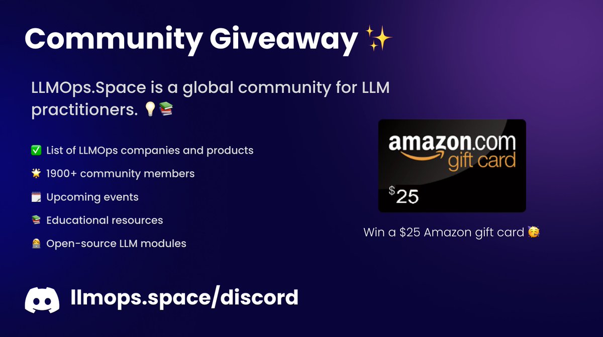 llmopsSpace's tweet image. ✨ LLMOps Weekly Giveaway #1 ✨

Get a chance to win a $25 Amazon gift card. 🥳

To win:
1. Like and Retweet this tweet
2. Join Community (LLMOps.Space/discord)
3. Invite a friend to LLMOps discord

📢 The winner will be announced on Discord.

More giveaways coming soon!🤩