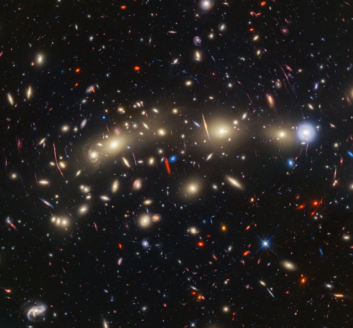 NASAWebb's tweet image. She comes in colors everywhere 🎵
Webb and @NASAHubble have brought you one of the most colorful and comprehensive views of the universe ever taken. This image showcases MACS0416, a gigantic galaxy cluster located about 4.3 billion light-years from Earth: go.nasa.gov/3u0E8fy