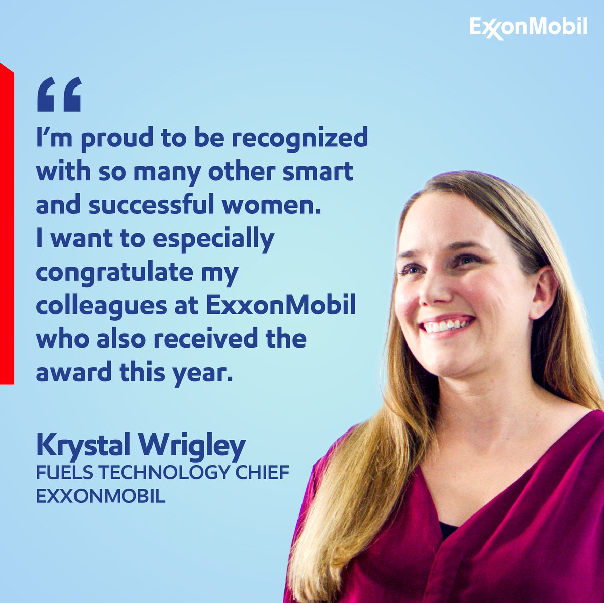 👋 Meet Krystal Wrigley, our Fuels Technology Chief, who was recently recognized by the <a href="/SWEtalk/">SWE</a> for making significant contributions to the #STEM community and the advancement of women in engineering.

Congratulations, Krystal! corporate.exxonmobil.com/what-we-do/low…