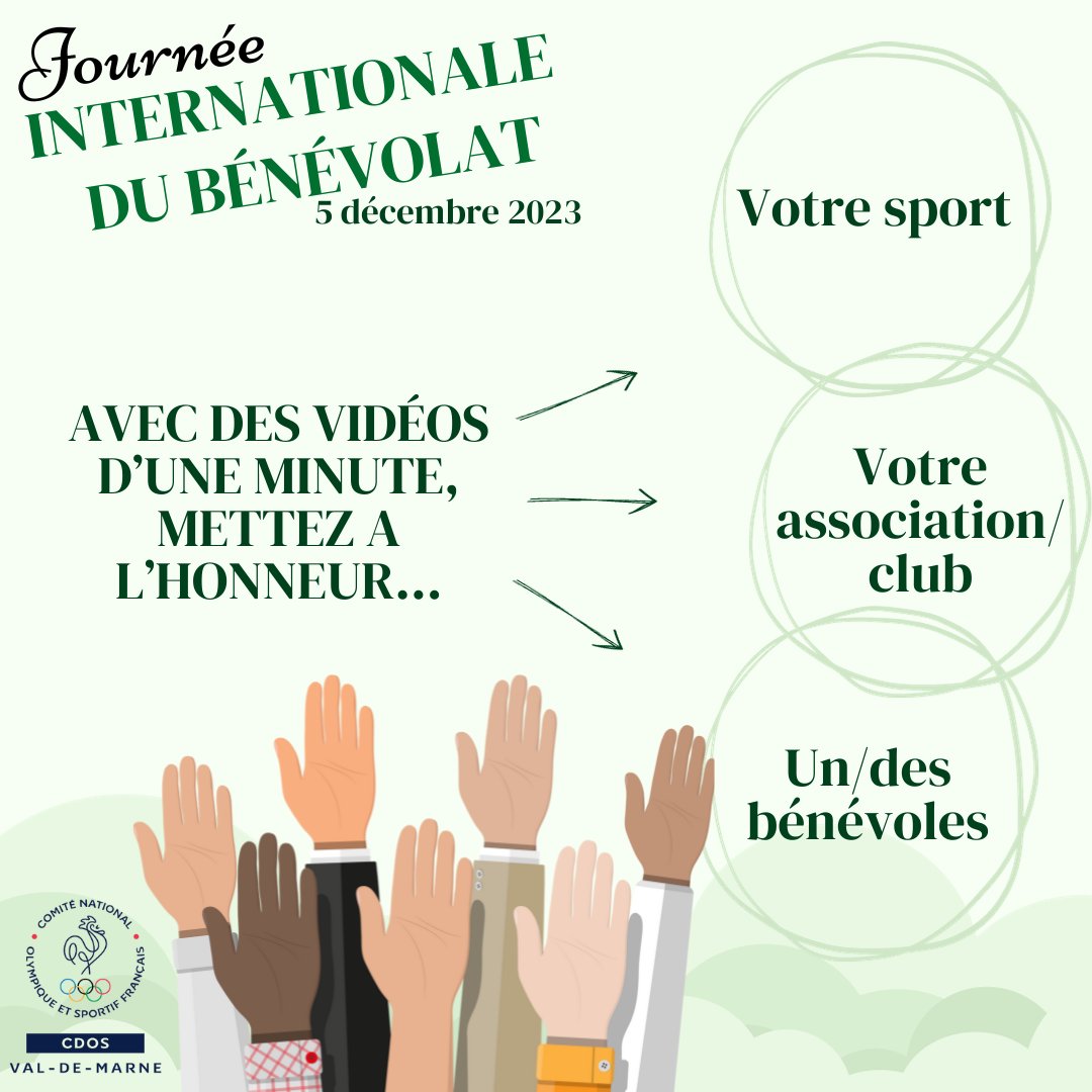 cdos94's tweet image. 📢Journée internationale du #bénévolat : le #CDOS94 souhaite valoriser votre engagement !
Pour cela envoyez nous vos vidéos d'1 min max présentant :
👉 votre sport🏃🏼‍♀️
👉et/ou votre club🏢
👉et/ou l'un de vos bénévoles🤗

Le lien vers le cahier des charges :
cdos94.org/wp-content/upl…