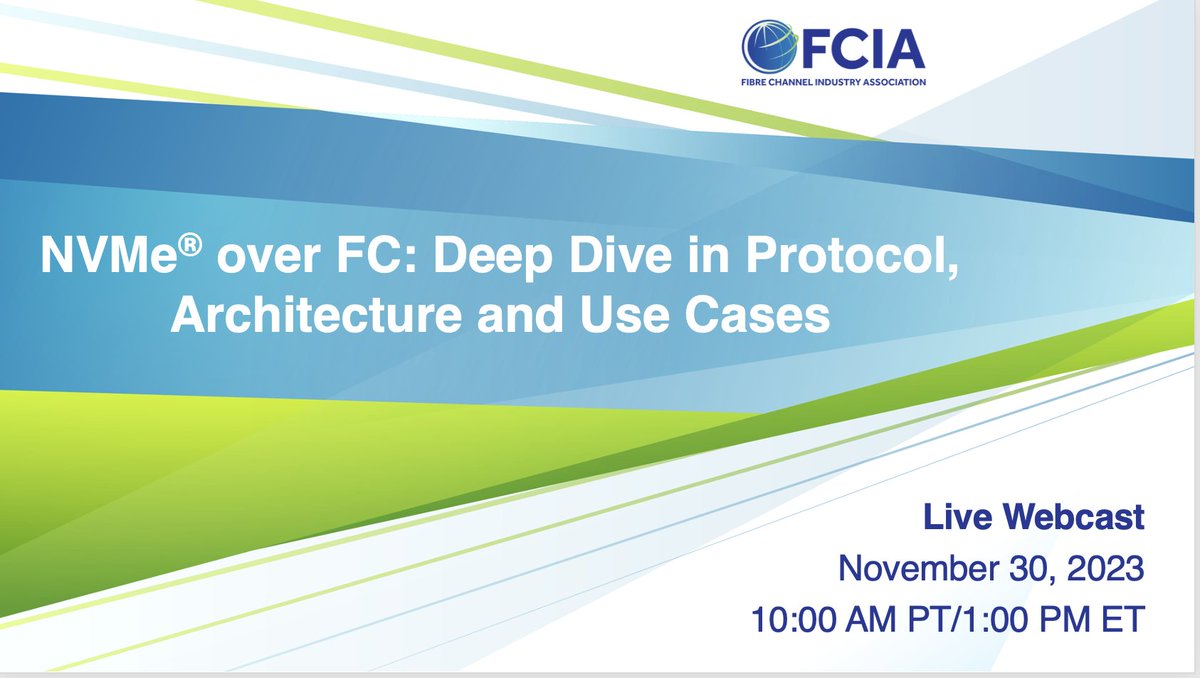 FCIAnews's tweet photo. Take a deep dive with us at our next live FCIA webcast! Join our Fibre Channel experts fon November 30th for an in-depth discussion on NVMe/FC protocol, architecture and use cases. #FibreChannel #NVMeFC 
https://t.co/W8HWbSvCsQ https://t.co/J6rId4XpWz