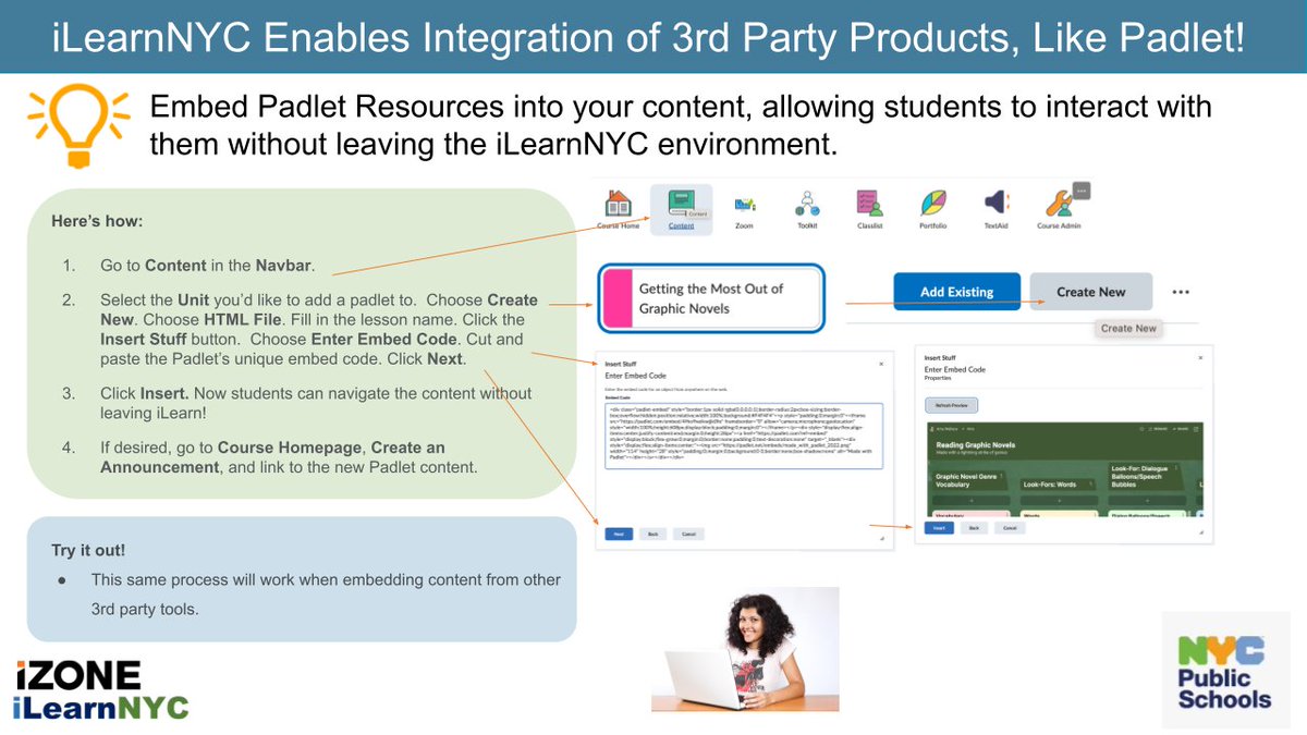 iLearnNYC is a one-stop shop for many workflows! Seamlessly integrate 3rd party products, like Padlet, into your content, and allow students to easily interact with all the tools you use, without leaving the iLearnNYC environment! #ilearnnyc #ilearnnycpd #nycdoepd #nycschoolstech