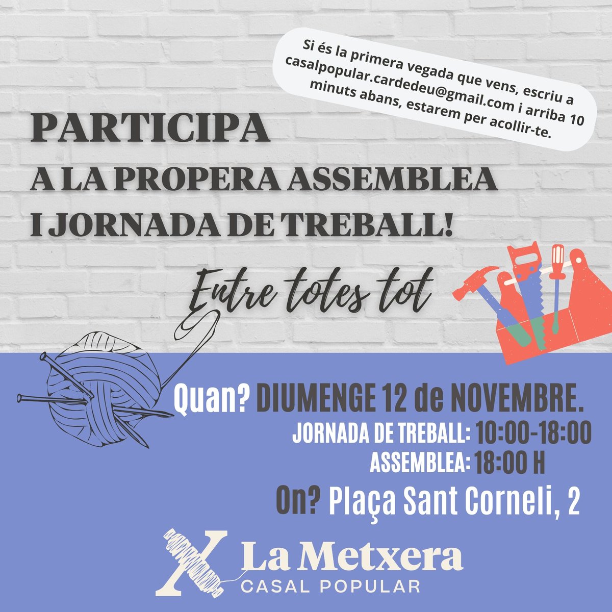 🔊🔊🔊 Aquest diumenge:

⏰ 10:00-18:00h: Jornada de feina.
18:00: Assemblea oberta.

📌 Plaça de Sant Corneli, 2.

🤗 Si és la primera vegada que vens, escriu un DM al nostre IG o un mail a casalpopular.cardedeu@gmail.com i arriba 10 minuts abans, estarem per acollir-te.

🏃‍♀️Vine