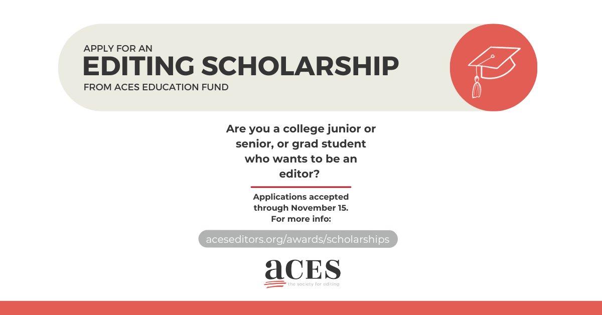 ACESEditors's tweet photo. Don't forget to apply soon for one of the editing scholarships ACES Education Fund offers. 

To learn more about all of the scholarship opportunities, visit: https://t.co/ZRBLBMAFJK https://t.co/K3LaWlsAEn