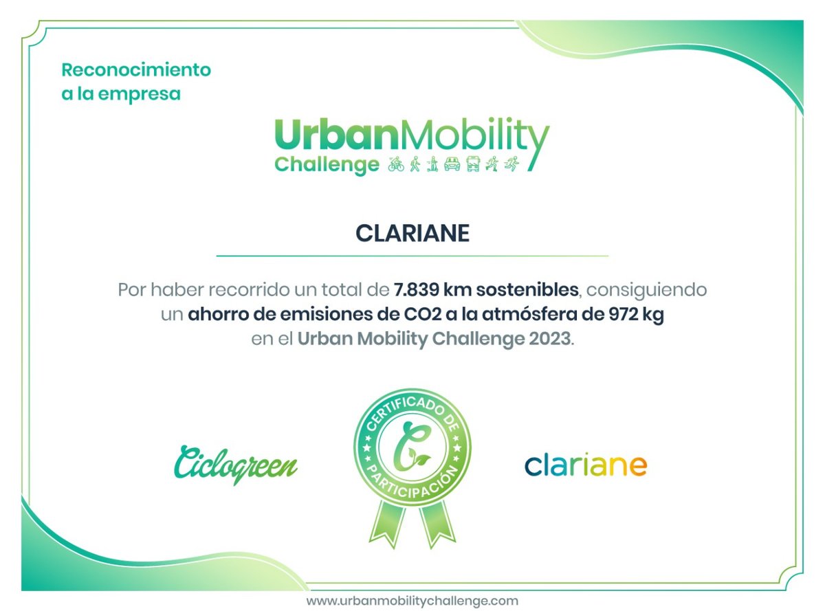 Nos complace anunciar que @Clariane España ha recorrido un total de 7.839km sostenibles, consiguiendo un ahorro de emisiones de CO2 de 972kg en el Urban Mobility Challenge 2023 organizado por @Ciclogreen ¡Queremos agradecer a todas las personas de la compañía que han participado!