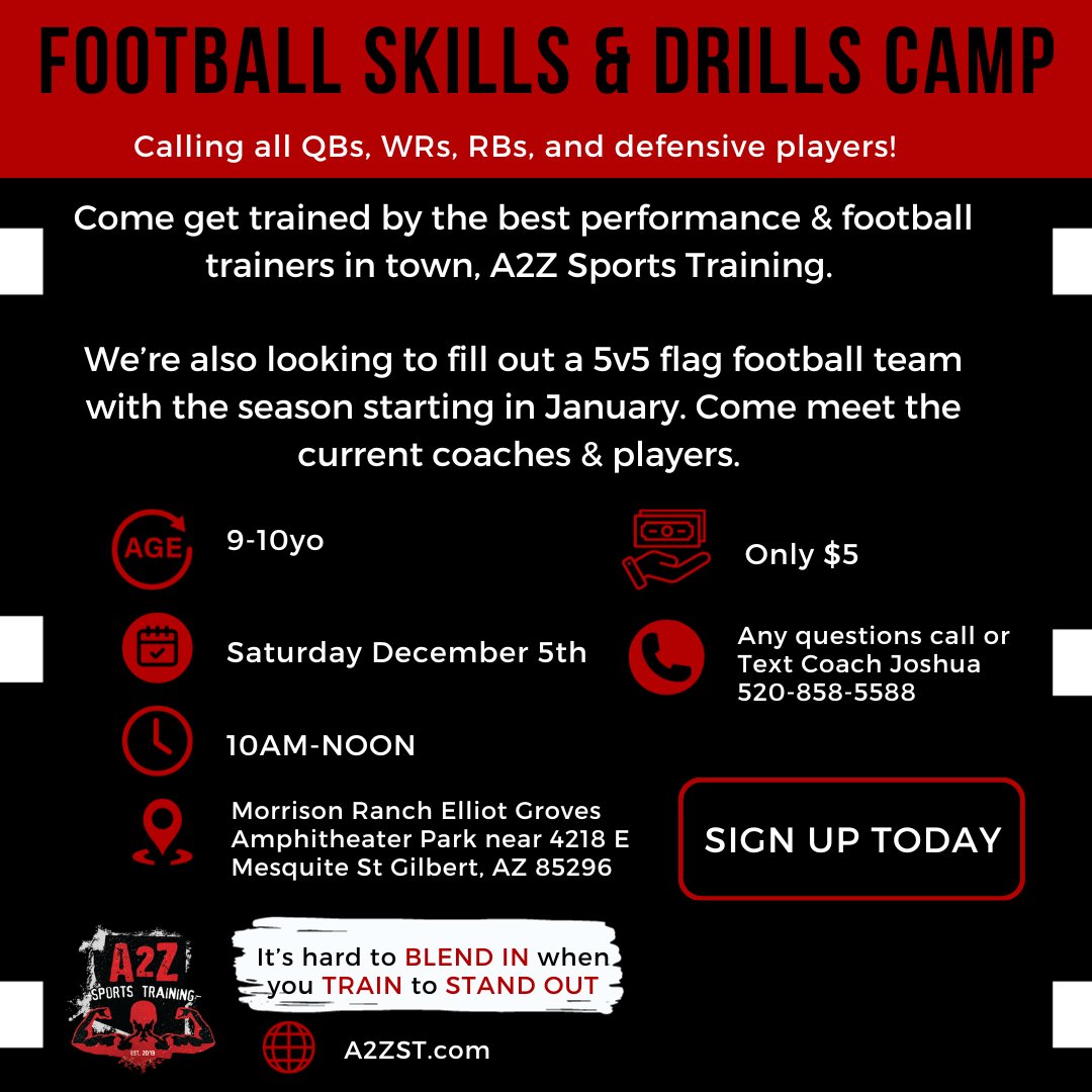 training_a2z's tweet photo. Calling all QBs, WRs, RBs, and defensive players!  

Come get trained by the best performance &amp; football trainers in town, A2Z Sports Training. 

We’re also looking to fill out a 5v5 flag football team with the season starting in January. Come meet the current coaches &amp; players. https://t.co/GDzXGG5Ix4