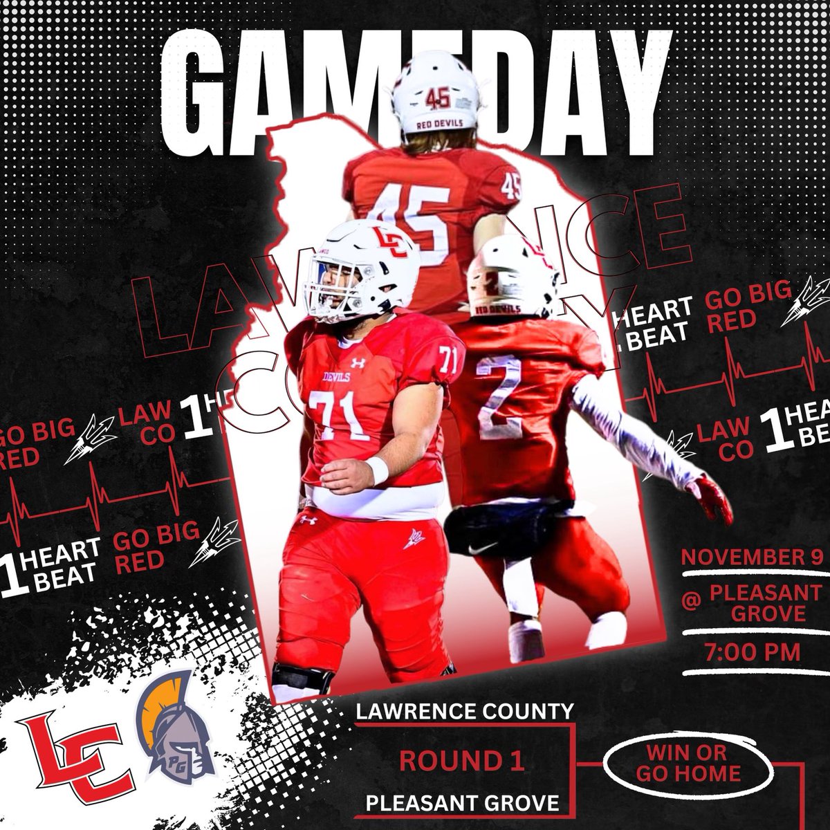 🚨 GAMEDAY 🚨 GAME #11 🚨 
Lawrence County (6-4, 4-2) @ #4 Pleasant Grove (8-1, 6-1)
‼️ AHSAA 5A PLAYOFFS - ROUND 1 ‼️
📍 Spartan Stadium - Pleasant Grove, AL
🕐 Kickoff @ 7pm
🎟️ Cash/GoFan shorturl.at/hzHR4
📺📲 NFHS Stream shorturl.at/bjnO8
Graphic: Sr Maddox Denham