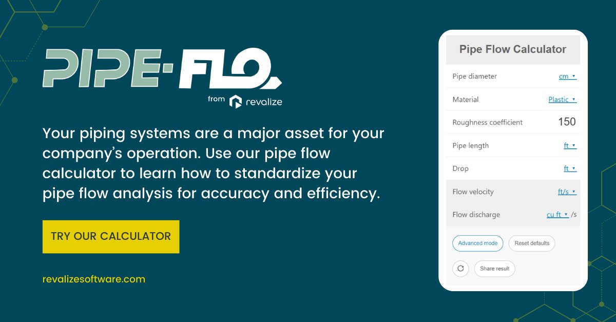 revalize's tweet image. Your piping systems are a major asset for your company’s operation. Use our pipe flow calculator to learn how to standardize your pipe flow analysis for accuracy and efficiency: ow.ly/Cu8Z50Q4Lw1
#engineeringsimulation