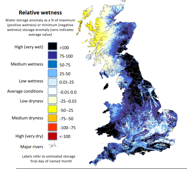 liamdutton's tweet photo. This @UK_CEH graphic for 31st October shows why a large swathe of Great Britain is prone to flooding at the moment.

Soils over many areas are very wet (blue) and are unable to soak up much water. 

This means that even modest amounts of rainfall can potentially cause problems. https://t.co/2D0EwUDVQW