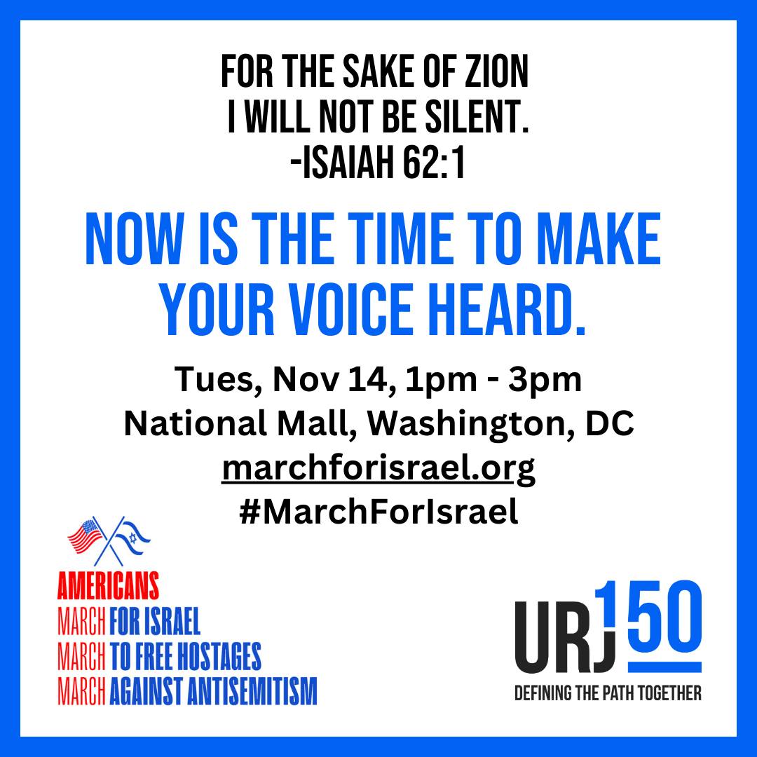 The Reform Movement is proud to join Jewish partners across the nation next week for a #MarchForIsrael in Washington, DC. Join us as we call for the immediate release of all hostages in Gaza and stand against antisemitism and all forms of hate. MarchForIsrael.org