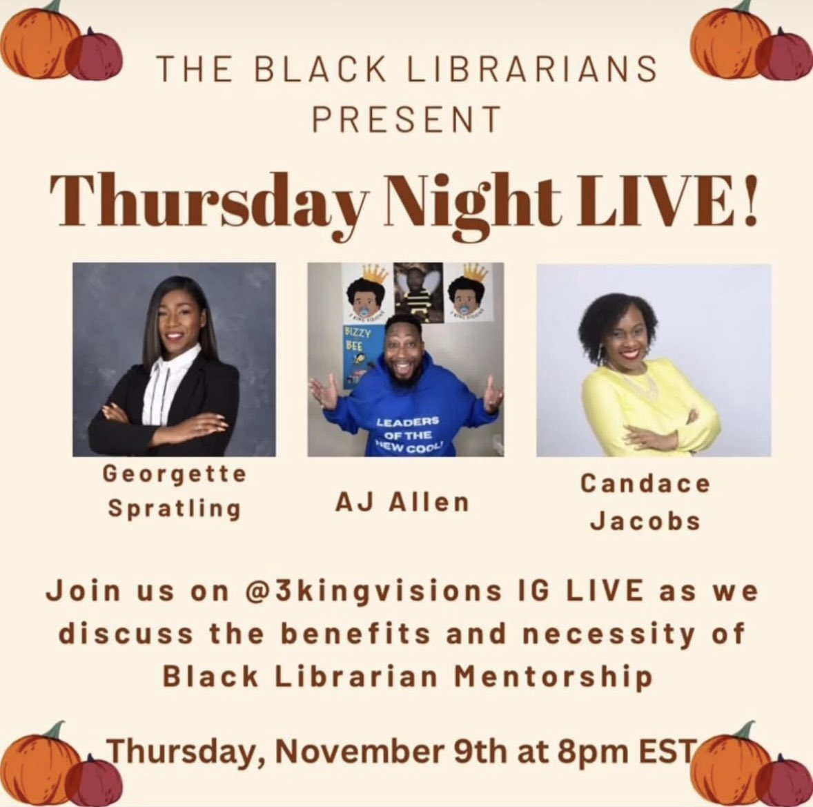 To all my followers please join my IG <a href="/3kingvisions/">3kingvisions</a> live tonight at 5pm pst/8pm est for a very special topic!! We will be talking about the importance of mentorship for black librarians🔥🔥!! Please share and support!!