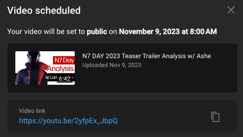 ladyinsanity's tweet photo. 8 AM Pacific 
(assuming all's well with the upload, this thing's still processing) 

this one's shorter cause I have more things to say that are wildly theoretical, possibly inappropriate, and require separate videos
#MassEffect #N7Day https://t.co/4TxotjZho3