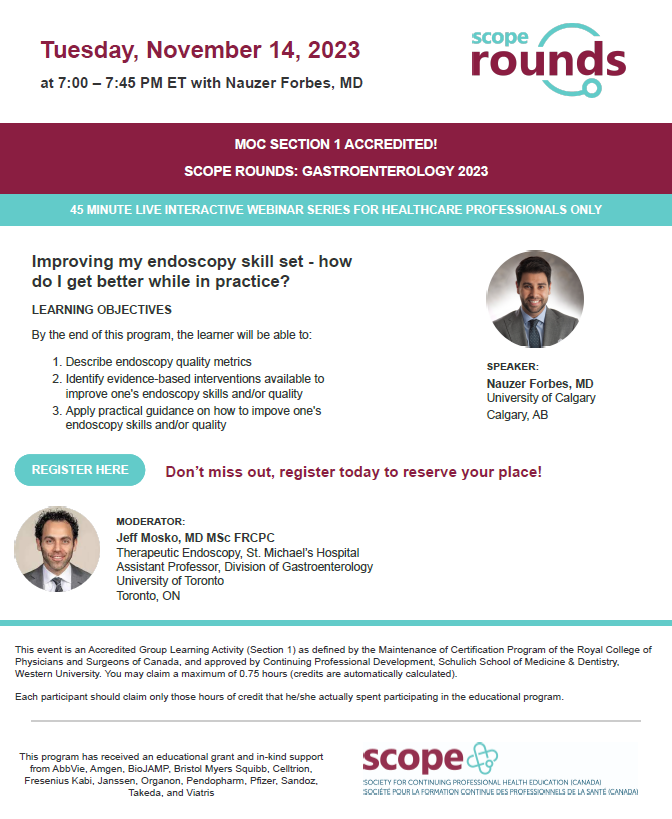 *Accredited* SCOPE Rounds: Gastroenterology 2023 November 14, 7:00 - 7:45 PM ET Improving my endoscopy skill set - how do I get better while in practice? REGISTER HERE: us02web.zoom.us/webinar/regist… @nauzerforbes @guthealthmd @vipuljairath @marshllj @jmosko29 @hepatoMD