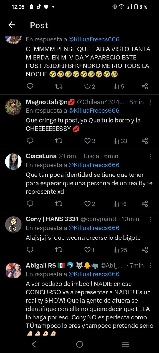 KilluaFreecs666's tweet photo. solo publique algo y saltaron los fanáticos de coni, asi estamos quedando como pais, todos unos trogloditas apoyando la violencia y toxicidad :/ #GranHermanoCHV que lata.. https://t.co/Ad2xq618h2