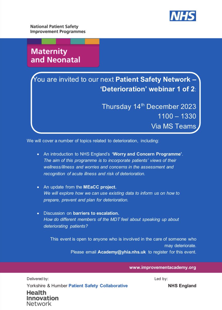 lizzie sweeting (@lizziesweeting) on Twitter photo Bringing <a href="/YHManDetSIP/">YHManDetSIP</a> <a href="/YHMatNeoSIP/">Y&H MatNeoSIP</a> together for our first deterioration webinar next month.
๐ง Please email Academy@yhia.nhs.uk to register to attend Bringing <a href="/YHManDetSIP/">YHManDetSIP</a> <a href="/YHMatNeoSIP/">Y&H MatNeoSIP</a> together for our first deterioration webinar next month.
๐ง Please email Academy@yhia.nhs.uk to register to attend