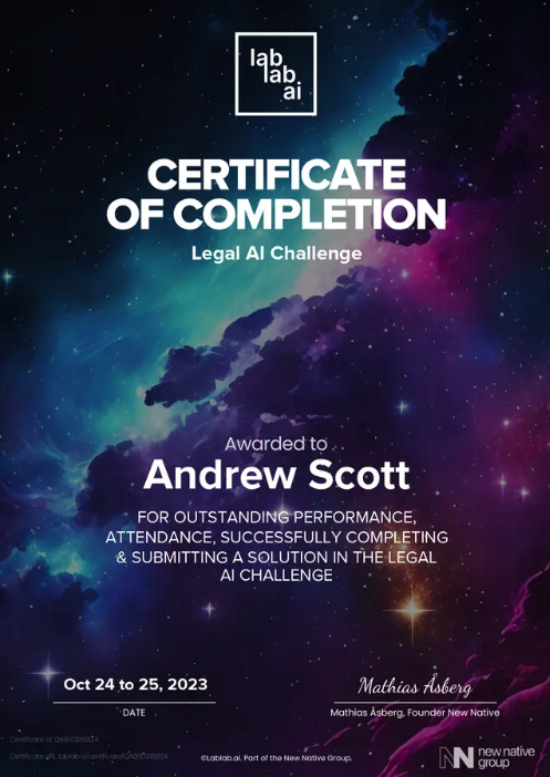 I just received Certificate Of Completion Legal AI Challenge
after participating Legal AI hackathon!

lablab.ai/u/@visitskywor…