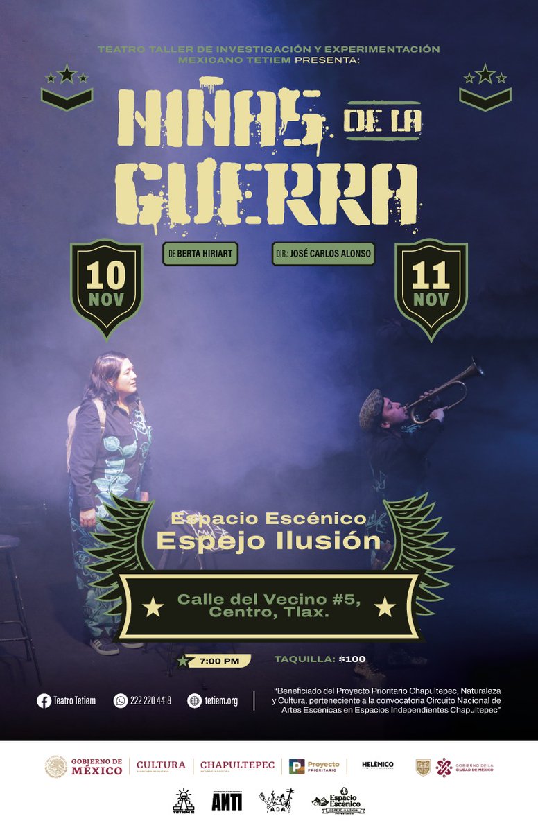 ¿Qué figura hay más entrañable que la de una niña que huye de la guerra?
"Niñas de la guerra" de Berta Hiriart
Funciones 10 y 11 de noviembre 19:00 hrs para toda la familia
Espacio Escénico Espejo Ilusión
#ChapultepecNaturalezaYCultura
<a href="/Helenico/">Centro Cultural Helénico</a> 
<a href="/espejoilusion/">espejo ilusion</a>
#tetiem #SomosAnti