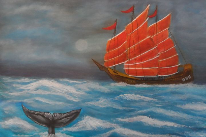 fishing200210's tweet photo. Art of the Day: "Chinese Junk Boat and Whale Tail". Buy at: https://t.co/FjfiLrzLBm https://t.co/zY0zagFvZ2