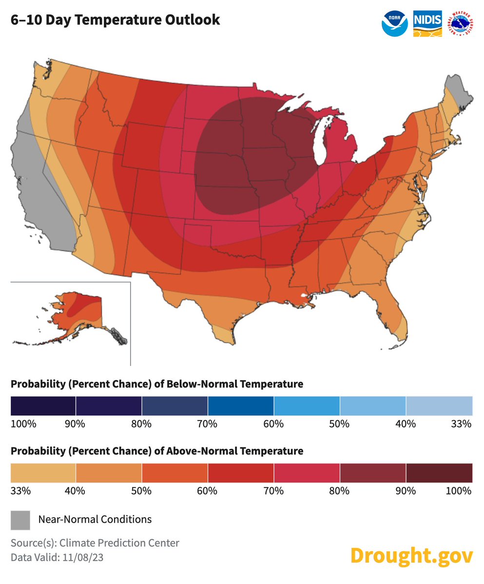 An atmospheric river is heading for the West, especially CA, according to @NOAA’s @NWSCPC. Relatively dry for most of the northern US. As for the drought-stricken South/Southeast: normal precip chances. Temps: Lots of red = likely warmer than normal drought.gov/forecasts