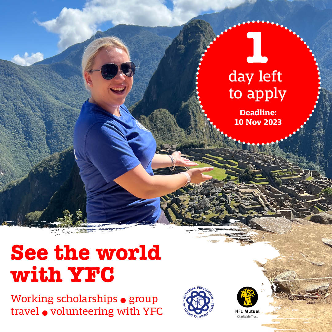Applications for YFC Travel 2024 close tomorrow – 10 Nov 2023. 

Don't miss out on these exclusive travel experiences. Thanks to <a href="/nfum/">NFU Mutual</a> Charitable Trust for their support of YFC Travel. 

👉 nfyfc.org.uk/yfc-travel-opp…

#YoungFarmers