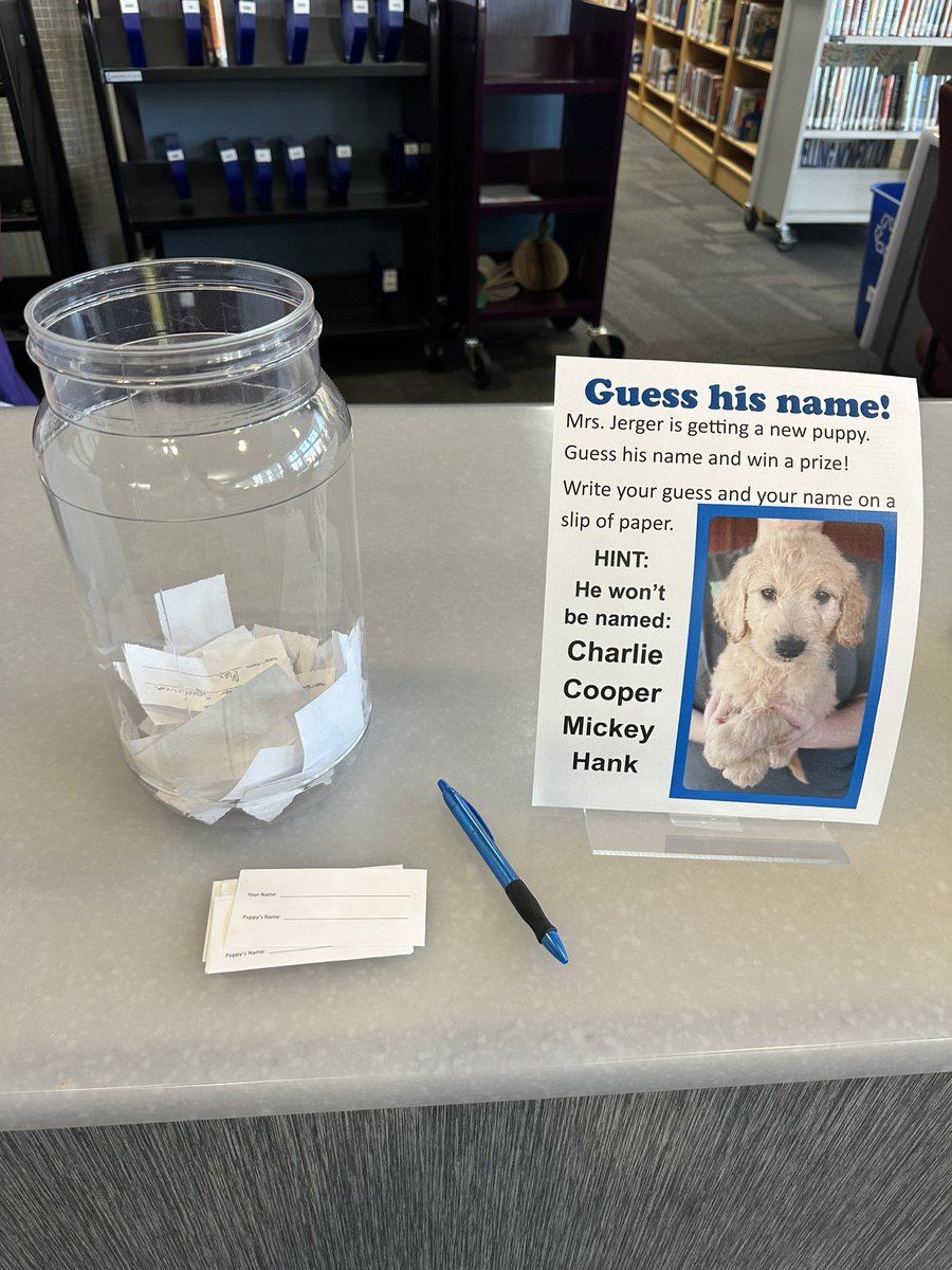Don’t forget to stop in and help Mrs. Jerger name her new puppy!!!
.
.
.
#newbooks #bookstagram #eurekahighschool #eurekawildcats #ehsreads #highschool #highschoollibrary #librarian #librarianlife #library #librariansofinstagram #teacherlibrariansofinstagram #goldendoodles