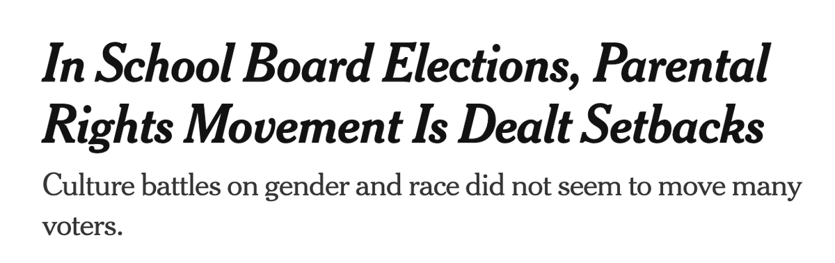 Headline and subhead both infuriating. 'Parental Rights'? 'Did not seem to move many voters'? WHAT? Here it is: 'Voters Moved Decisively to Keep Fascists off School Boards'