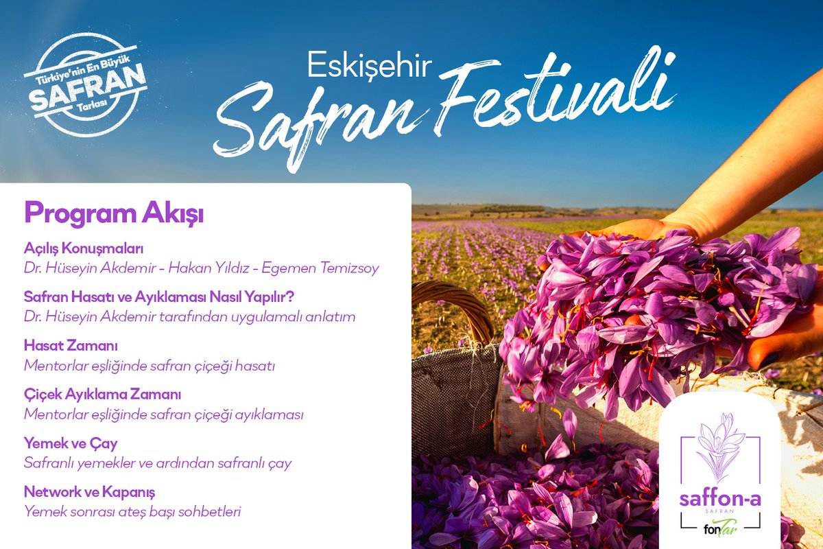 19.11.2023 Pazar günü saat 13.00'de, Eskişehir Safran Festivalimize katılımlarınızı bekliyoruz. 🍀👋😊💜