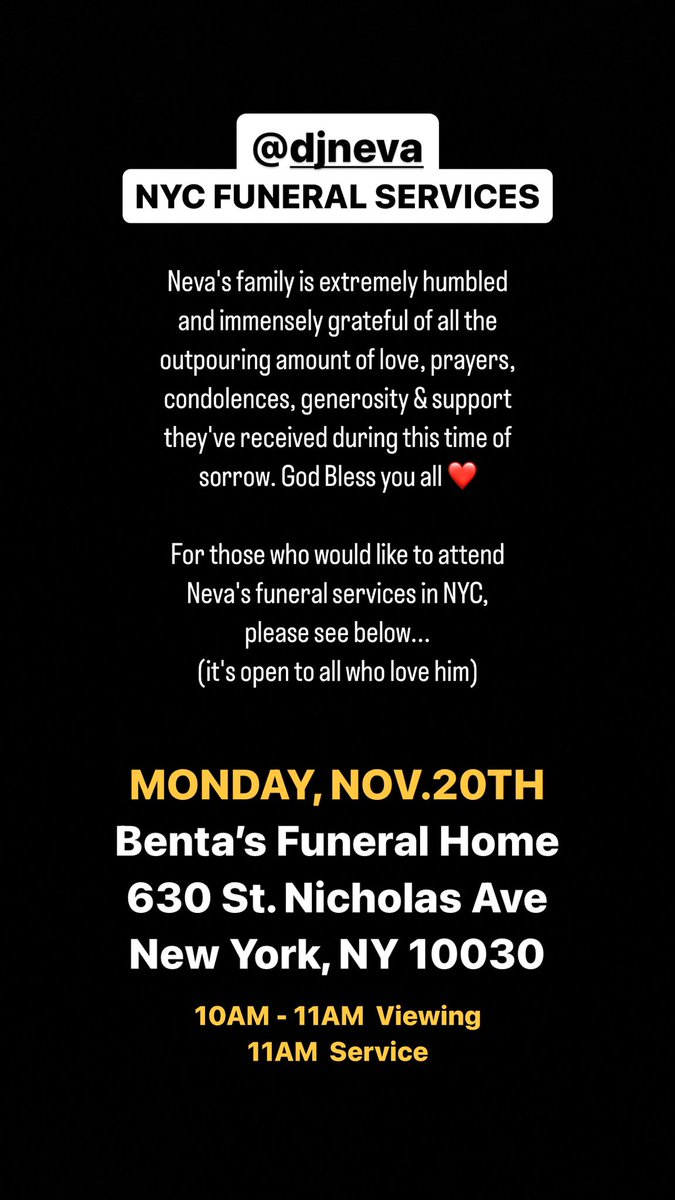 djcrooked's tweet photo. Funeral Services in NYC for @djneva are on Monday, Nov.20th.

Please save the date for Neva's Las Vegas Memorial on Thursday, Nov.30th (more info coming soon).

#RIPNEVA #WeJustWarmingUp https://t.co/z9b1UZO0hB