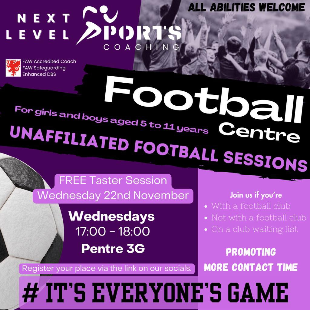 Next Level Sports & Education Ltd (@nextlevel_sc1) on Twitter photo Calling all players based in <a href="/CRMJFL/">Cynon Rhondda Merthyr JFL</a> area
Looking for players who are
- not currently with a club
- on a club waiting list
- looking for extra contact time
Coaches currently involved with Cardiff ADC and RCT schools
Use the link to book forms.gle/5ptwnrNr1Jexvx… Calling all players based in <a href="/CRMJFL/">Cynon Rhondda Merthyr JFL</a> area
Looking for players who are
- not currently with a club
- on a club waiting list
- looking for extra contact time
Coaches currently involved with Cardiff ADC and RCT schools
Use the link to book forms.gle/5ptwnrNr1Jexvx…