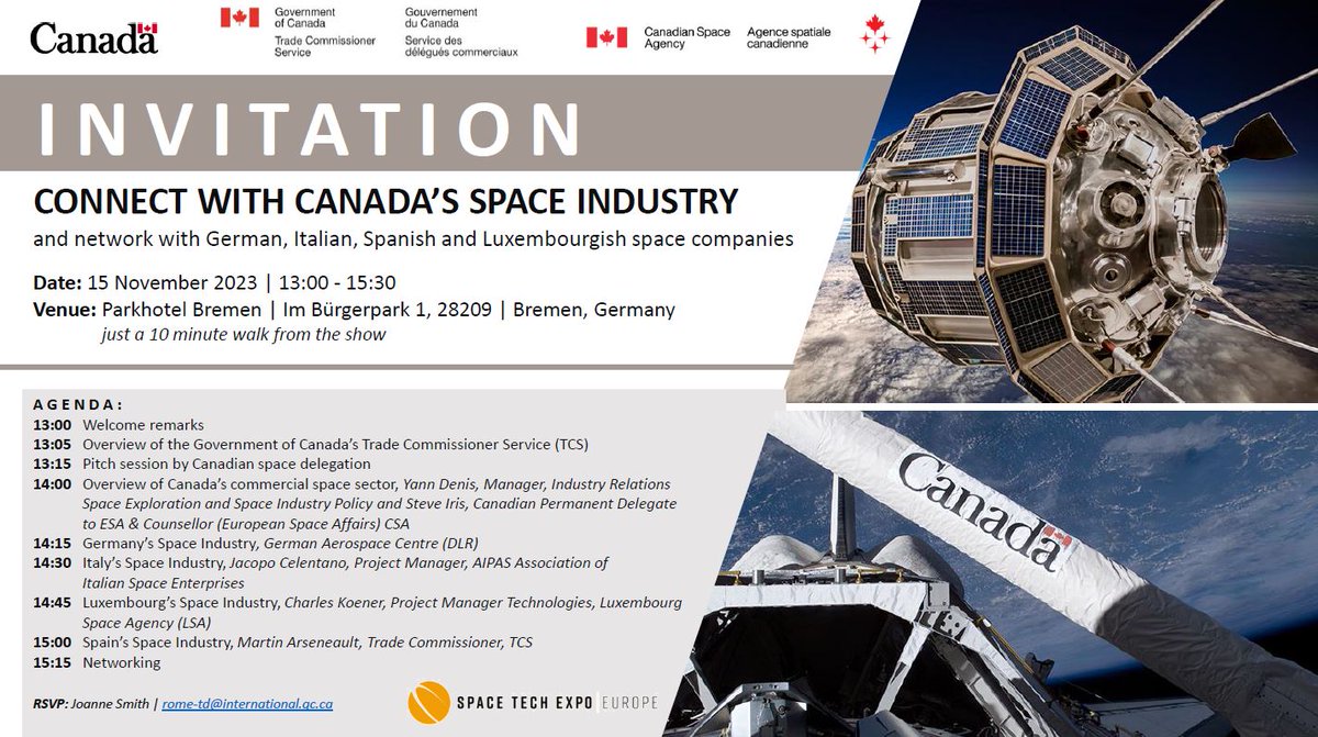 🇨🇦 und 🇩🇪 arbeiten im Raumfahrtsektor eng zusammen. Wir freuen uns, dass eine Delegation von 15 kanadischen Unternehmen sowie 🇪🇺 <a href="/TCS_SDC/">Trade Commissioner Service</a> Kolleg:innen zur <a href="/SpaceTechExpoEU/">Space Tech Expo Europe</a> nach #Bremen kommen.

Treffen Sie uns am 15. Nov. um 11 Uhr am Stand H25 und von 13 bis 17 Uhr im Parkhotel!