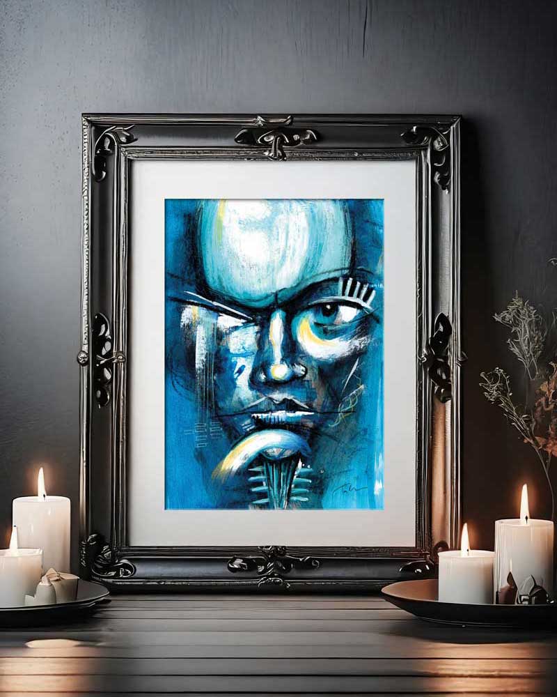 'I'm Watching' is an abstract face painting that depicts an alien 👽 creature observing the human race. Available as an original A3 painting and A4 art prints