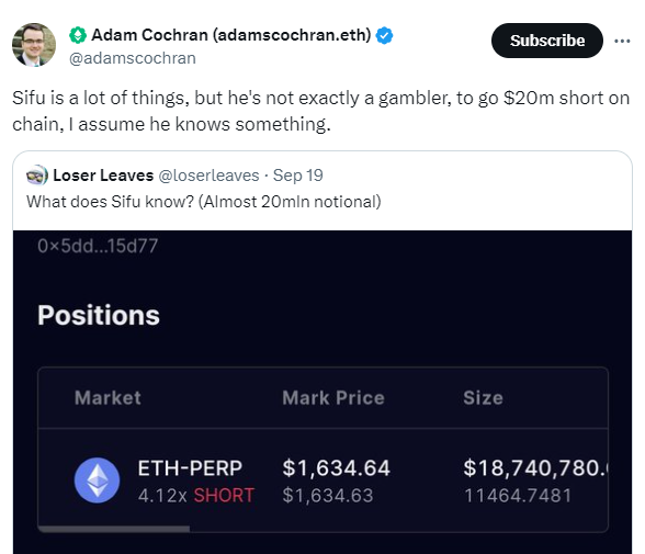 Ether is up 25% since this tweet. 

And Blackrock filed for an ETH ETF. 

So, what did Sifu know?