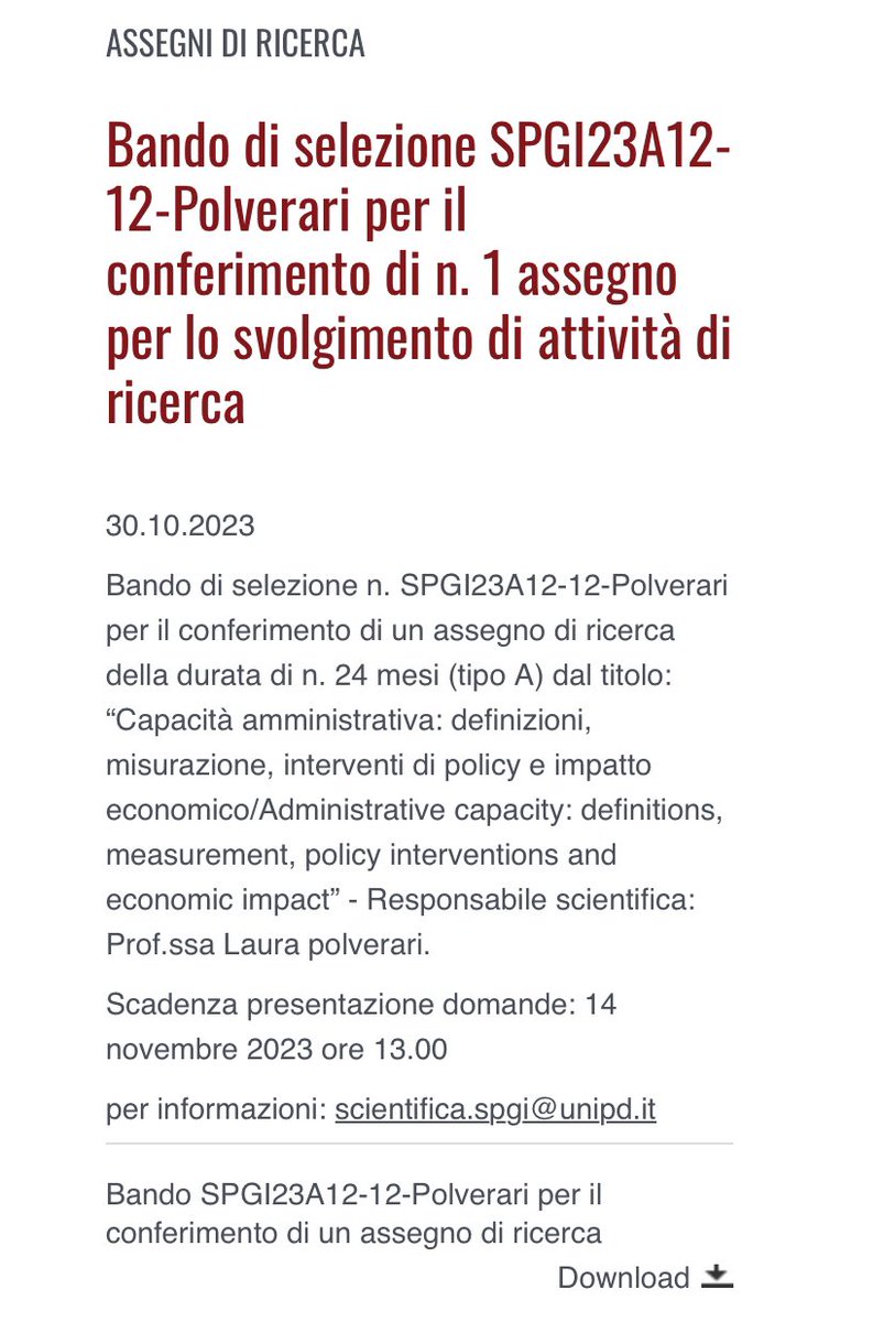 Ricordo a quant* potenzialmente interessat* a questo assegno di ricerca di 2 anni x lavorare con me sul tema della capacità amministrativa che la scadenza è alle ore 13:00 del 14 novembre 2023.  Dettagli 👇 spgi.unipd.it/bando-di-selez…