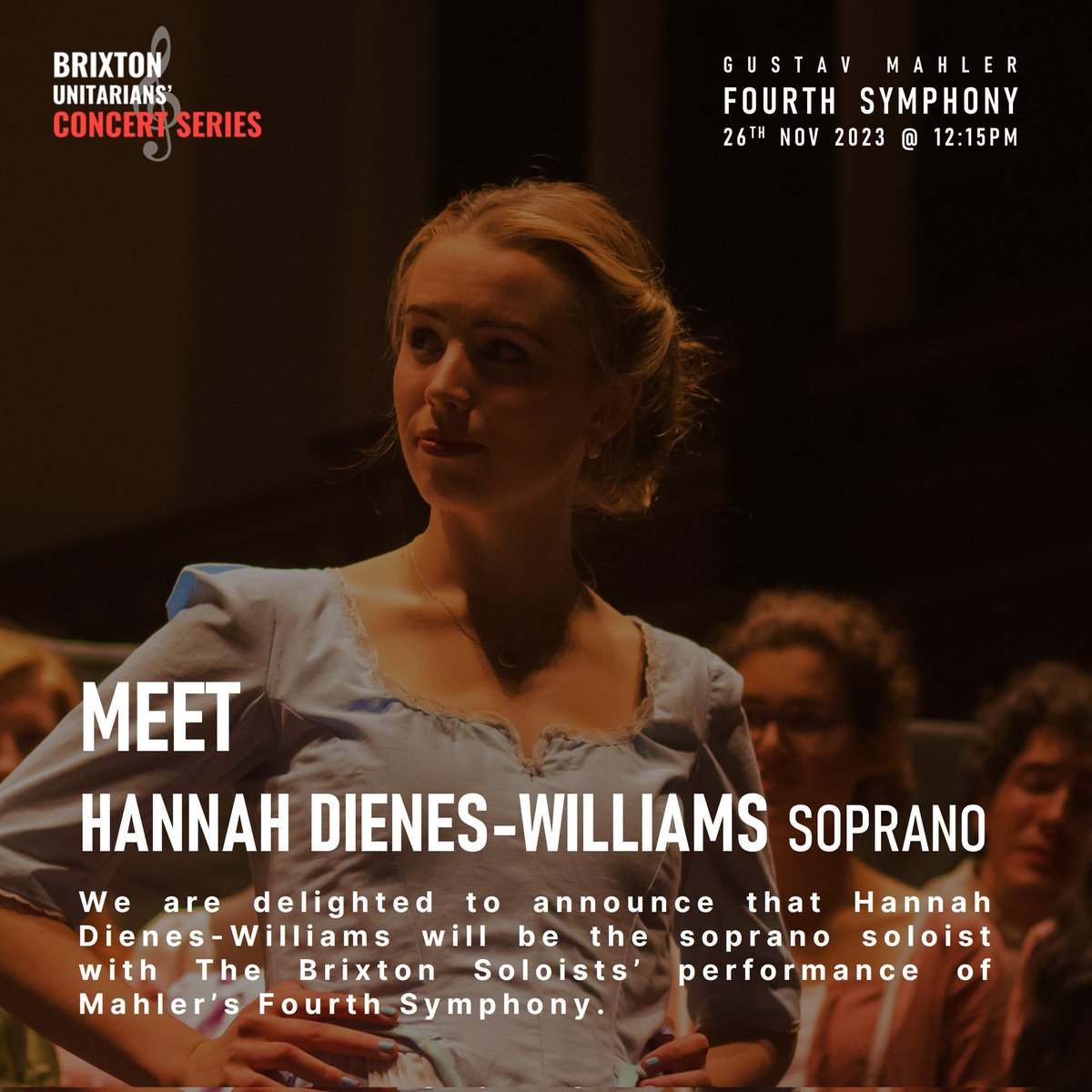 26TH NOV, 12:15pm! Super excited to announce that @hdienessoprano (formerly of @ClareChoir and @GuildCath) will be singing the solo from Mahler's Fourth Symphony. Prebook: bit.ly/3Py9H5Z